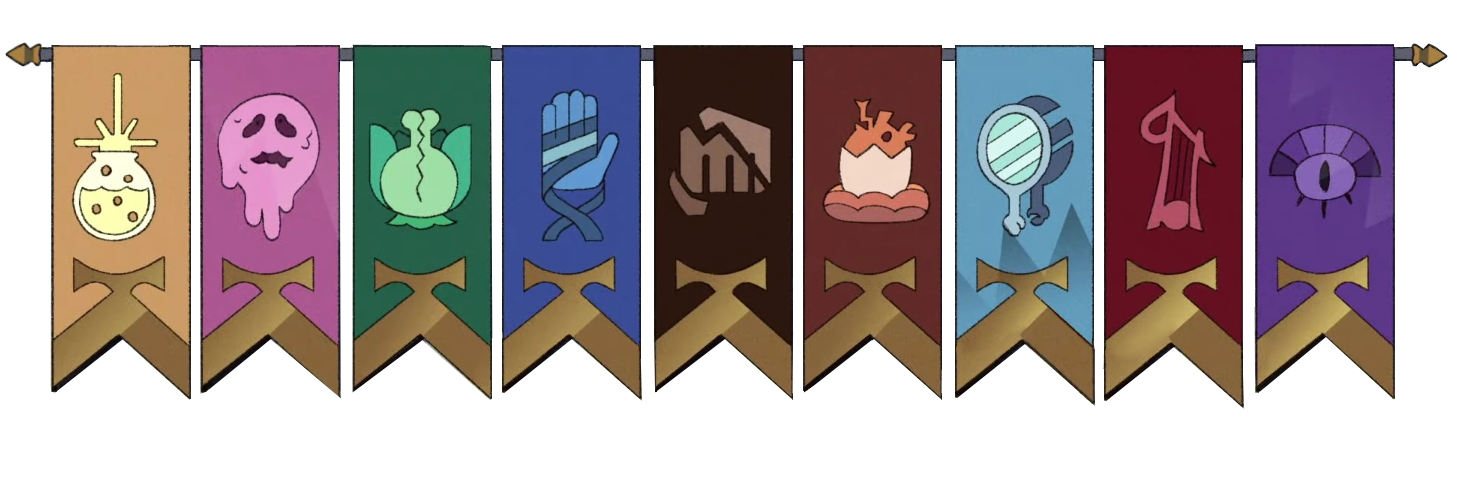 Transparent image of the main nine covens as colored banners with a gold trim hanging on a metal rod. From left to right: Potions Coven, Abomination Coven, Plants Coven, Healing Coven, Construction Coven, Beast-Keeping Coven, Illusion Coven, Bard Coven, and Oracle Coven.